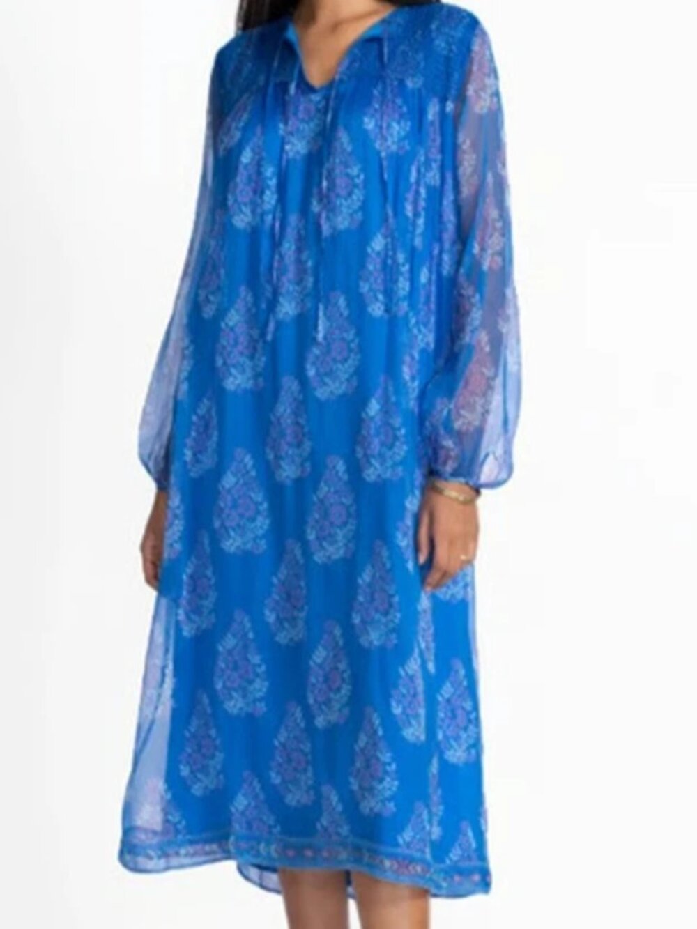 Johnny Was XL Blaire Midi Dress Blue Carolyne Floral Print Silk Chiffon $498 NWT